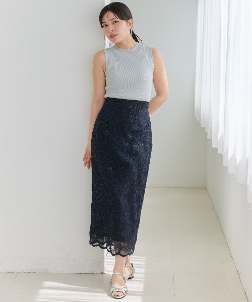 Aimeine 3D刺繍スパンコールタイトスカート AND COUTURE（アンドクチュール） スカート スパンコールレースタイト