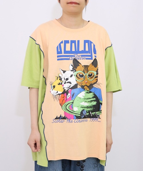 ScoLar チュニック 152708：惑星とネコ柄 切替チュニック
