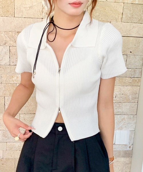 ReRe tシャツ フロントジップリブニットトップス レディース