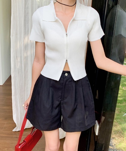 ReRe tシャツ フロントジップリブニットトップス レディース