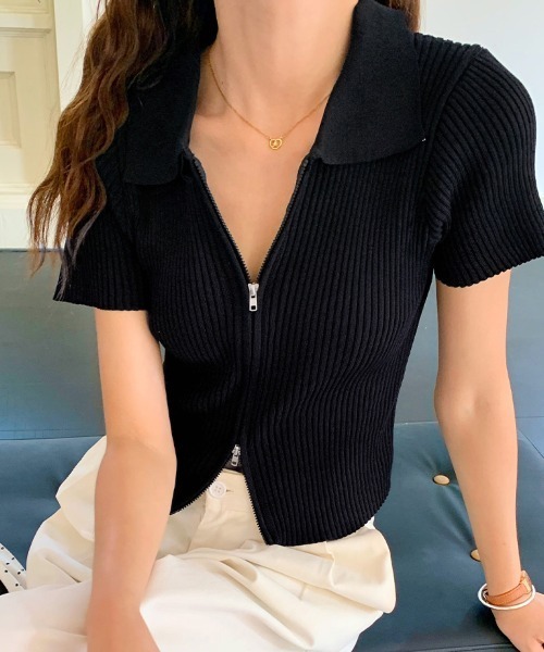 ReRe tシャツ フロントジップリブニットトップス レディース