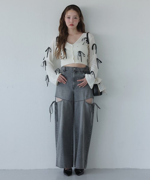 【未使用】CAPRINO リボンカーディガン Sサイズ Ribbon Flare Caprino - カプリーノ | クルーネックカーディガン〔ブラック