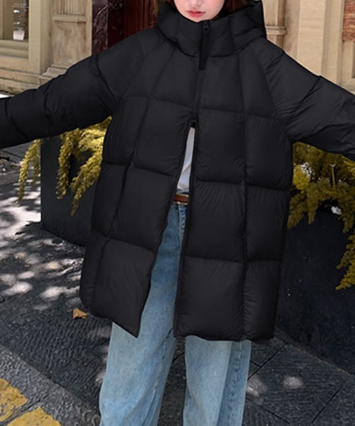 ダウンコート ダウンジャケット フード付きミドル丈ふんわりダウン