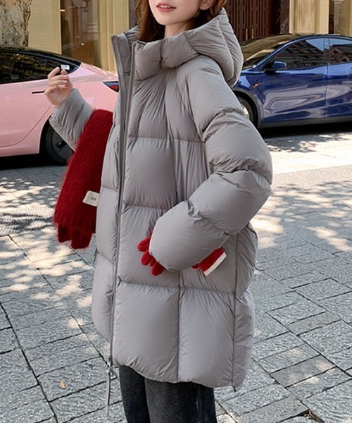 ダウンコート ダウンジャケット フード付きミドル丈ふんわりダウン