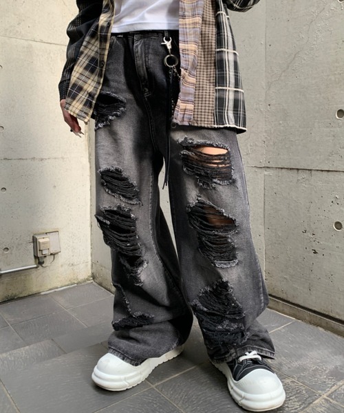 lilful ジーンズ ダメージ加工クラッシュストレートデニムパンツ