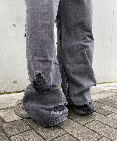 lilful ジーンズ ダメージ加工クラッシュストレートデニムパンツ