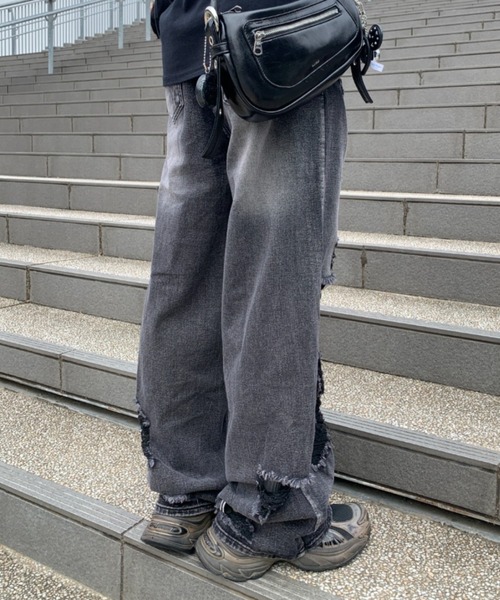 lilful ジーンズ ダメージ加工クラッシュストレートデニムパンツ