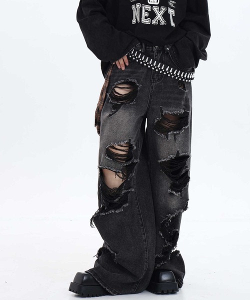 lilful ジーンズ ダメージ加工クラッシュストレートデニムパンツ