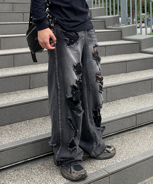 lilful ジーンズ ダメージ加工クラッシュストレートデニムパンツ