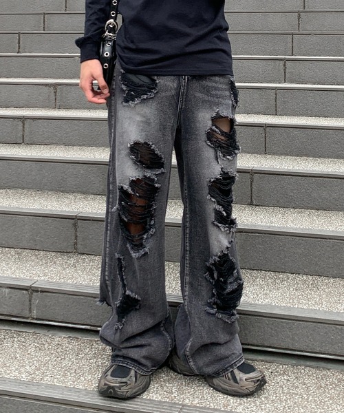 lilful ジーンズ ダメージ加工クラッシュストレートデニムパンツ