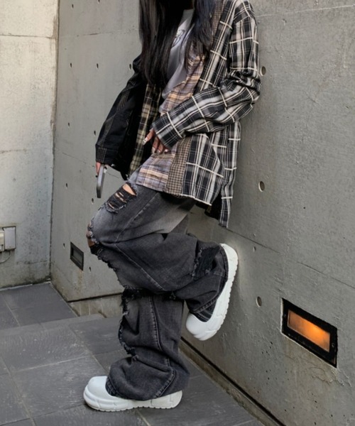 lilful ジーンズ ダメージ加工クラッシュストレートデニムパンツ