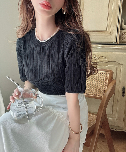 「Meiru」 半袖ニット LARGE ホワイト レディース_画像3