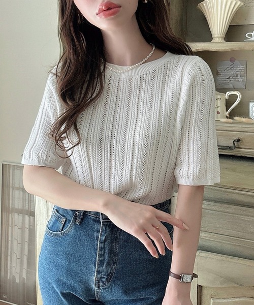 「Meiru」 半袖ニット LARGE ホワイト レディース_画像7
