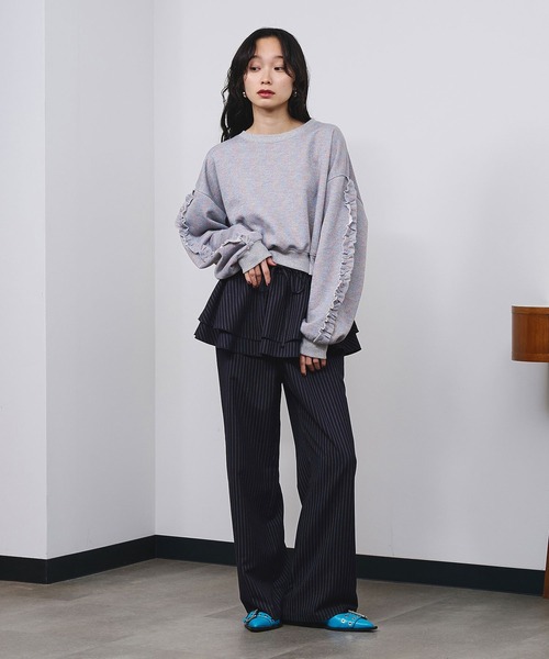 ローズバッド 完売品 スポーツロゴフリルドッキングチュニック スウェット 白 ROSE BUD（ローズバッド） トレーナー スウェット LAME RUFFLE SLEEVE