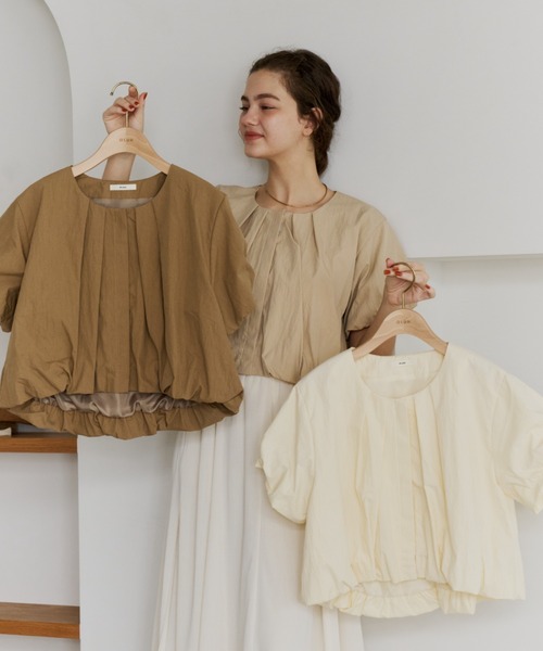 OLUN バルーンタックブラウス ベージュ OLUN tシャツ 半袖 balloon tuck blouse/バルーンタックブラウス