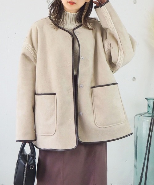 コート ムートンコート タイムセール フェイクムートンパイピングリバーシブルブルゾン