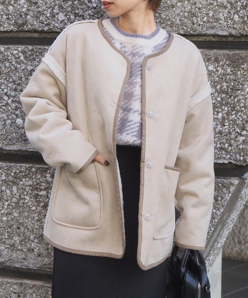 コート ムートンコート タイムセール フェイクムートンパイピングリバーシブルブルゾン