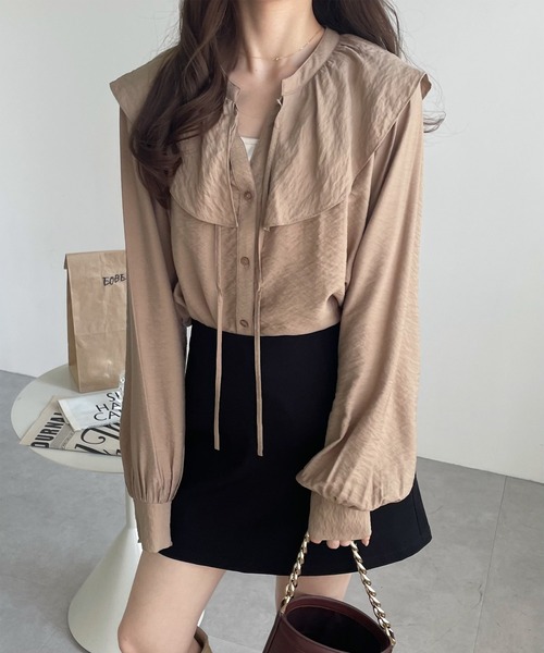 andme（アンドミー） ブラウス シャツ ボリューム袖フリルカラーシアー