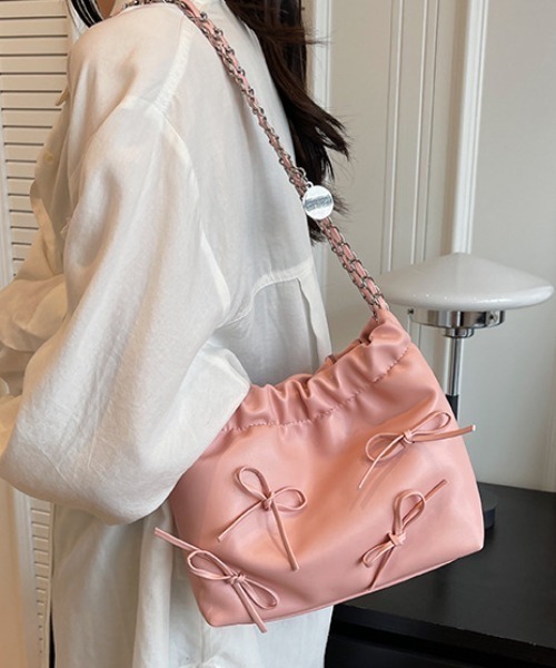 リボン 結び チェーン ショルダーバッグ (2color) BJH084 L LABEL ショルダーバッグ バッグ リボン付チェーンショルダー
