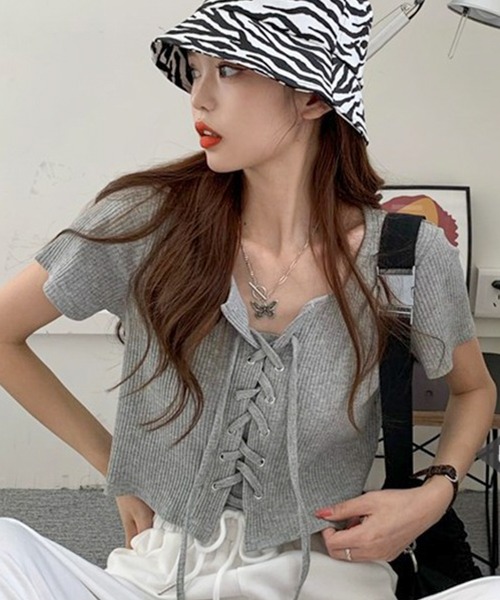 tシャツ レースアップ 半袖リブTシャツ レディース : ZOZOTOWN