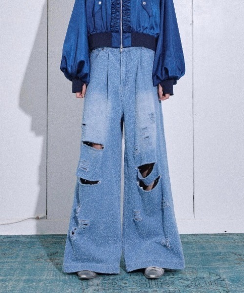 WELLDONE ダメージストレート（太め）デニム ジーンズ Wide straight damage nep denim pants / ワイド