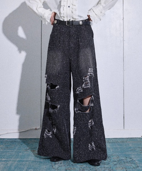 WELLDONE ダメージストレート（太め）デニム ジーンズ Wide straight damage nep denim pants / ワイド