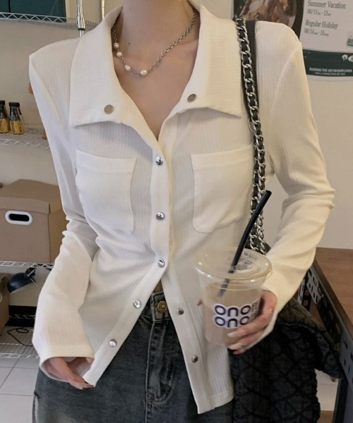LADY LIKE tシャツ ドットボタン胸ポケットカットトップス