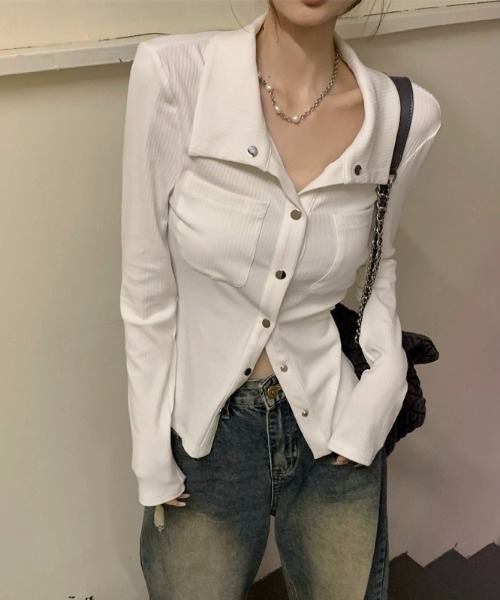 LADY LIKE tシャツ ドットボタン胸ポケットカットトップス