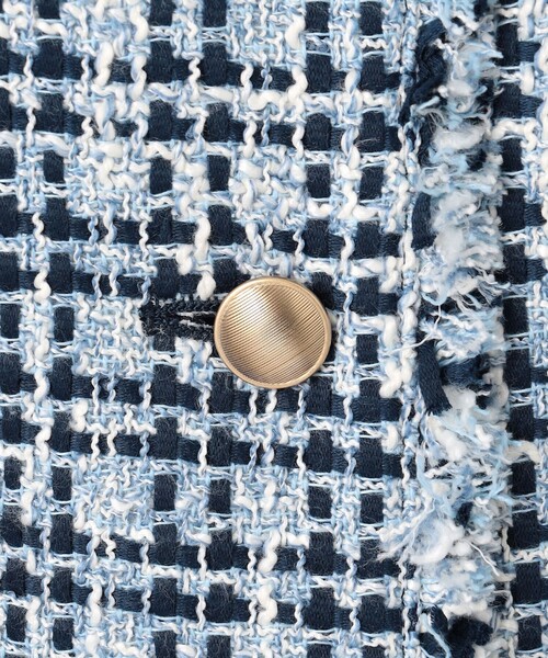 ノーカラー ツイードジャケット 青 セール】quaranciel: ブルー ツイード ノーカラー ジャケット