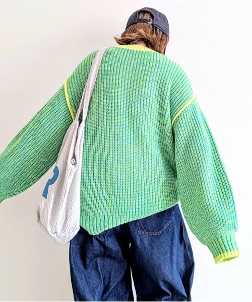 新品　ラシュッド　スコットクラブ　バイカラー　ニット　異素材　トレーナー 地柄編みバイカラークルーニットセーター / TARO＆HANAKO
