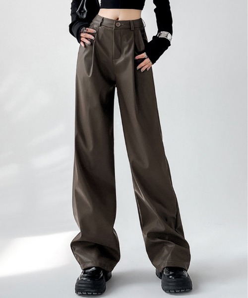レザー ストレートレッグパンツ 黒 パンツ フェイクレザー ストレート ワイド レッグパンツ レディース
