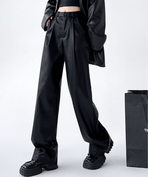 レザー ストレートレッグパンツ 黒 パンツ フェイクレザー ストレート ワイド レッグパンツ レディース
