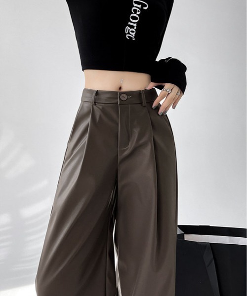 パンツ フェイクレザー ストレート ワイド レッグパンツ レディース