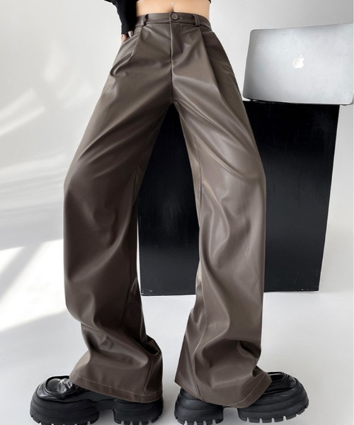 パンツ フェイクレザー ストレート ワイド レッグパンツ レディース