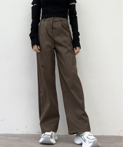 パンツ フェイクレザー ストレート ワイド レッグパンツ レディース