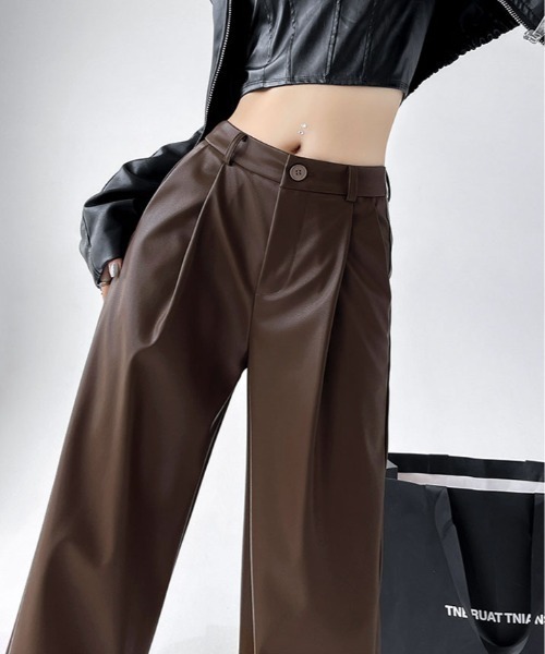 パンツ フェイクレザー ストレート ワイド レッグパンツ レディース