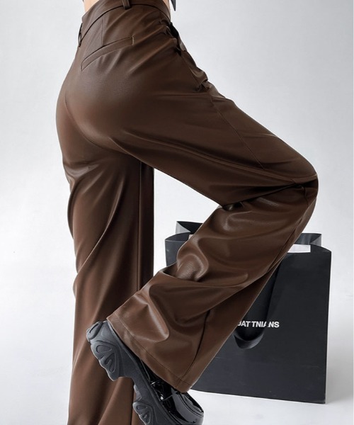 パンツ フェイクレザー ストレート ワイド レッグパンツ レディース