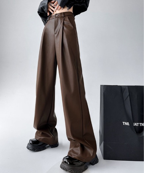 パンツ フェイクレザー ストレート ワイド レッグパンツ レディース