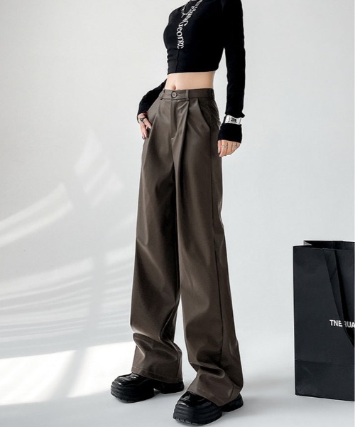 パンツ フェイクレザー ストレート ワイド レッグパンツ レディース