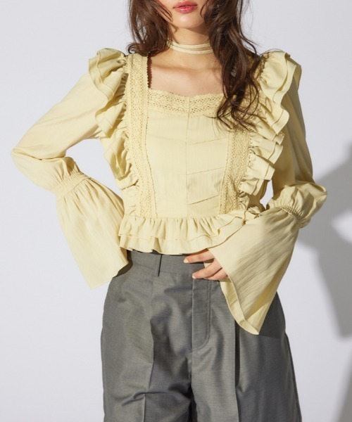 ブラウス シャツ レースラインペプラムブラウス 春服 レディース rienda ブラウス シャツ レースラインペプラムブラウス 春服