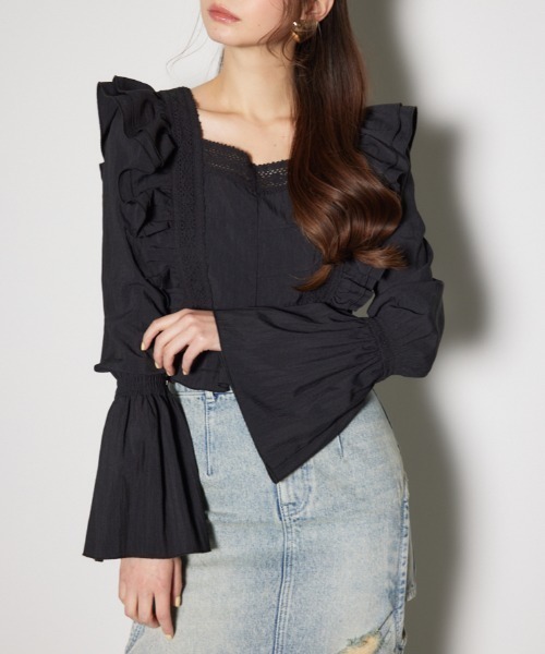 ブラウス シャツ レースラインペプラムブラウス 春服 レディース rienda ブラウス シャツ レースラインペプラムブラウス 春服