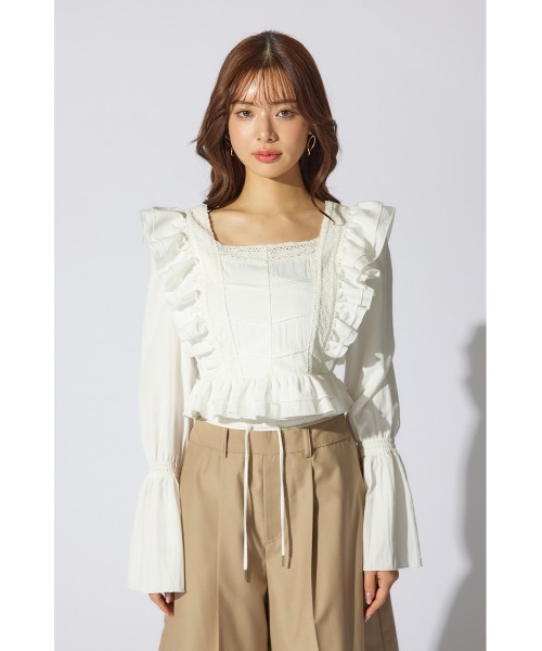 ブラウス シャツ レースラインペプラムブラウス 春服 レディース rienda ブラウス シャツ レースラインペプラムブラウス 春服