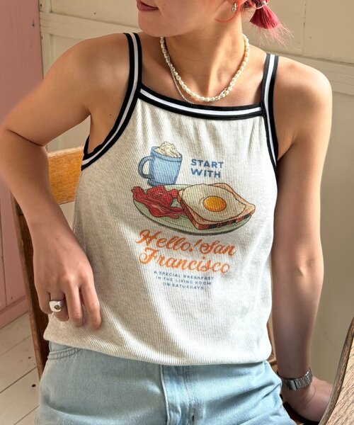 タンクトップ ノースリーブ 「HELLO.SANFRANCISCO」ラインテープカップ付きキャミ レディース