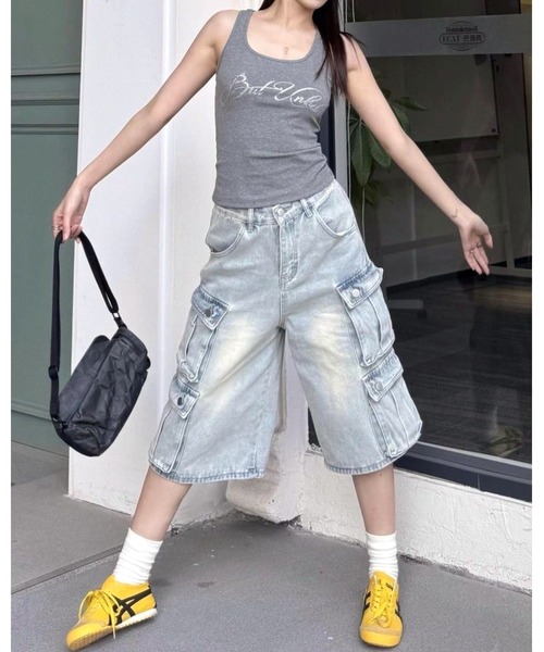 FUNdaysion カーゴパンツ デニムハーフカーゴパンツ レディース