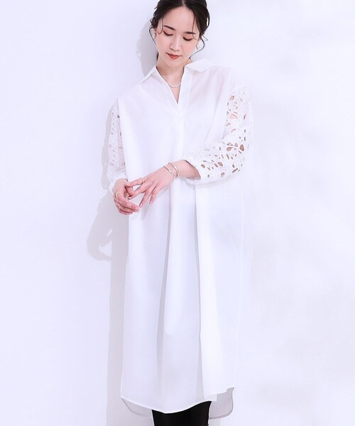GW期間お値下げ中　北欧暮らしの道具店　シャツワンピース　レース　オフホワイト SHOO・LA・RUE（シューラルー） ワンピース 夏 お袖レースが上品な