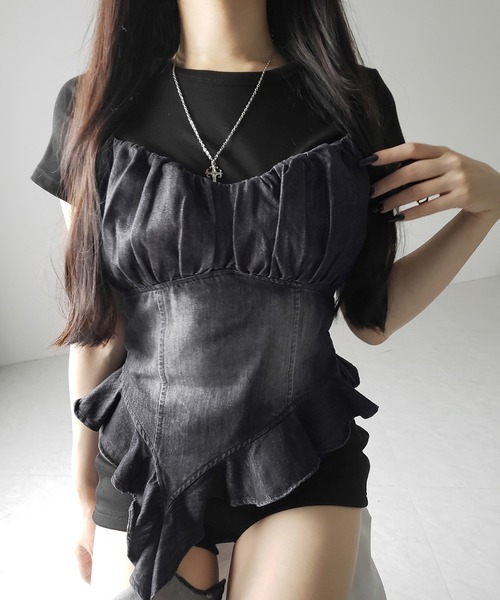アンサンブル 「 ２点セット 」ヴィンテージデニムビスチェ ＆ 半袖レイヤードＴシャツセット ／ vintage denim bustier ＆ sh
