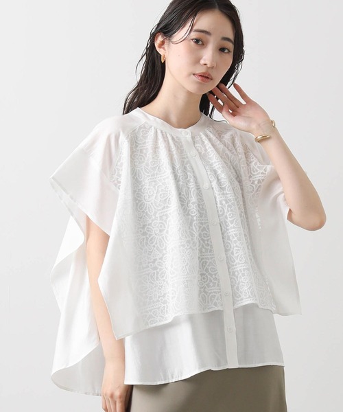 ブラウス シャツ 刺繍チュールレイヤードブラウス レディース