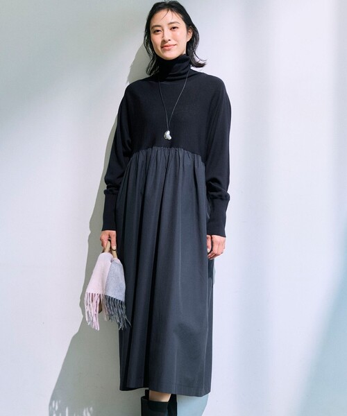 ワンピース 「洗える」ギャザーコンビ ニットワンピース : ZOZOTOWN