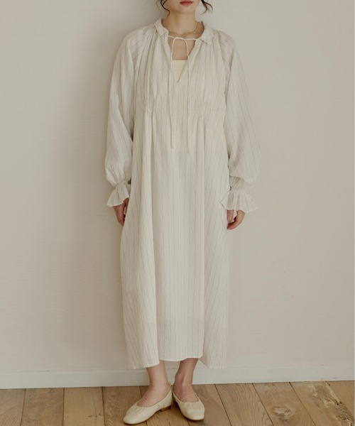 OLUN ストライプワンピースベージュ フリーサイズ OLUN ワンピース stripe onepiece/ストライプワンピース : ZOZOTOWN