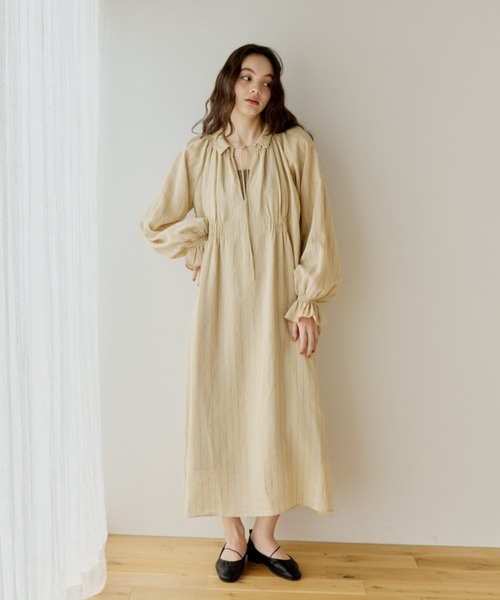 OLUN ストライプワンピースベージュ フリーサイズ OLUN ワンピース stripe onepiece/ストライプワンピース : ZOZOTOWN